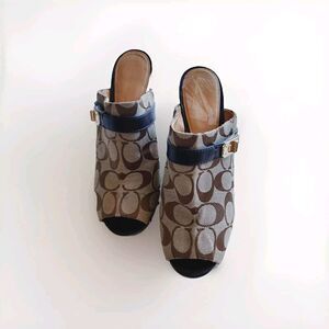 Coach Women's Signature Wooden High Heels Peep Toes Brown Size 8B